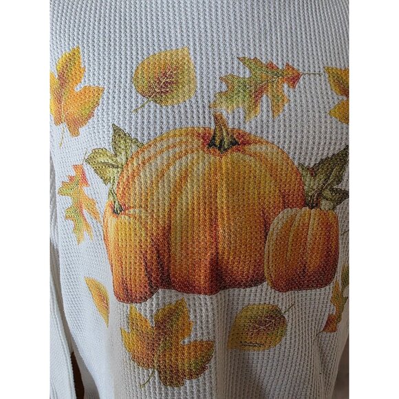 White Crewneck ThermalPumpkin & Leaves Print Medium Made In USA - Picture 2 of 8